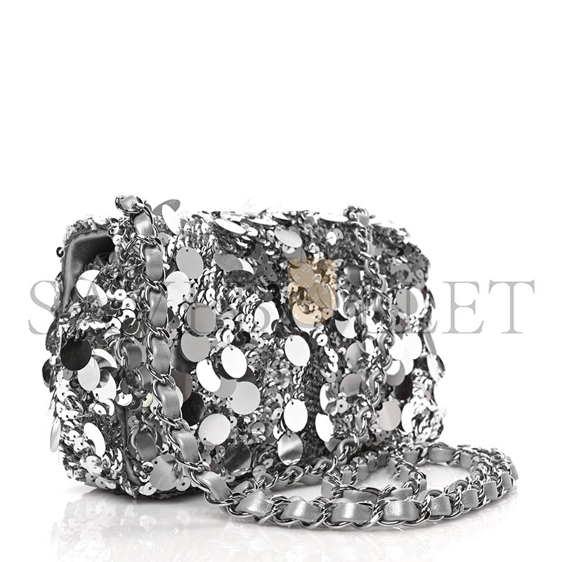 CHANEL SEQUIN MINI RECTANGULAR FLAP SILVER  (20*13*6cm) 